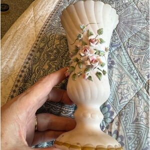 Vintage Lefton hand painted bisque pedestal floral vase. Number 1185